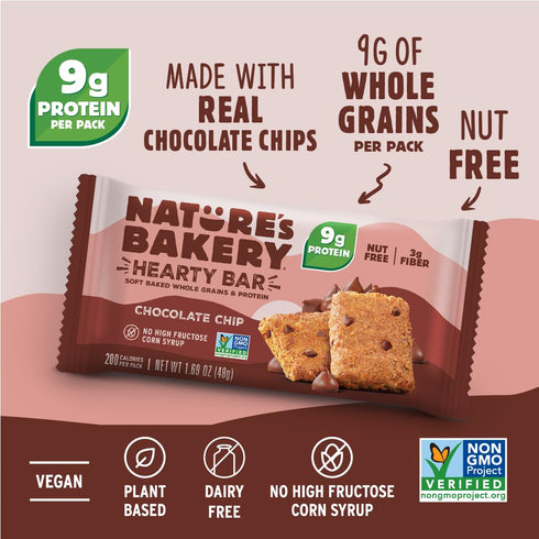 30 Count Natures Bakery Hearty Bars Chocolate Chip, Plant Based Protein Snack Bar