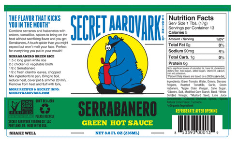 Secret Aardvark Serrabanero Hot Sauce, 8 fl oz - Green Spicy Sauce, Non-GMO, Low Carb