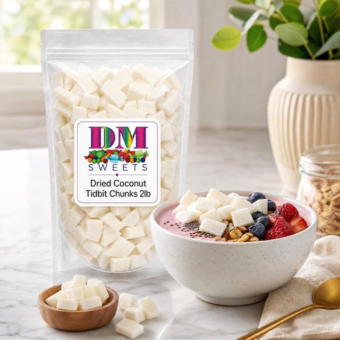 DM Sweets 2 lbs 15mm Dried Coconut Tidbit Chunks - of Fresh Crunchy Dried Coconut Pieces in Resealable Bag to Ensure
