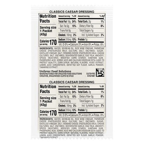 1.5 oz, Pack 102 Hellmann's Classics Caesar Salad Dressing Portion Control Sachets Gluten Free, No Artificial Flavors