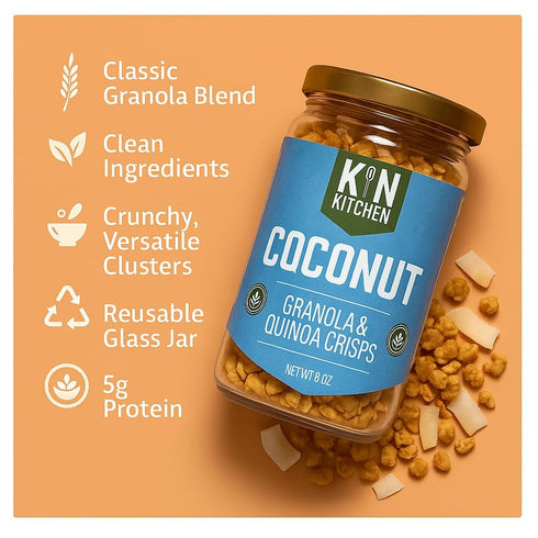 Pack Kin Kitchen non-GMO Granola & Organic Quinoa Crisps, in a Glass Jar Recyclable and Resusable. Made with Real