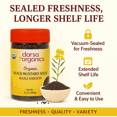 5.3 oz packed Darsa Organics Black Mustard Seeds - Premium Quality USDA Organic Certified Black Mustard Seeds