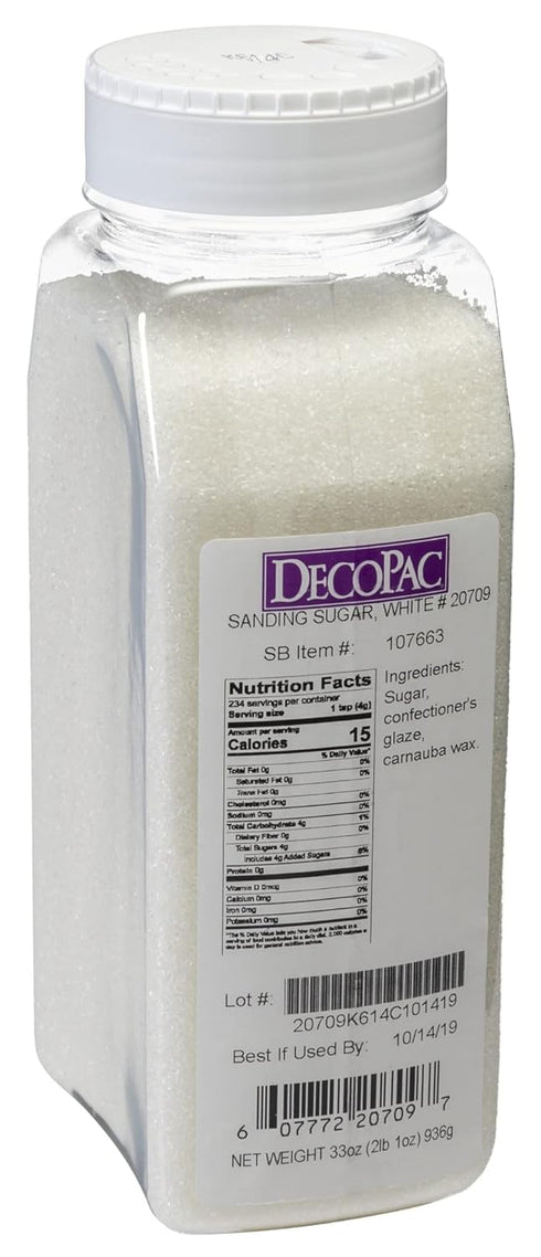 33oz Pack 33 DecoPac Sanding Sugar | White Edible Sugar Sprinkles | | Edible Sanding Sugar in Handheld Container | Made
