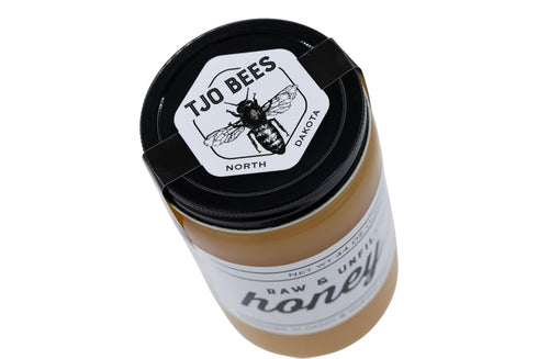 44 OZ TJO Bees Raw and Unfiltered Honey, Glass Jar