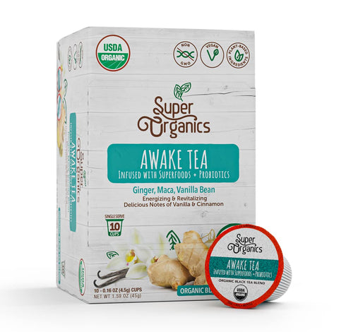 Super Organics Awake Black Tea Pods, 10ct, with Superfoods & Probiotics, Keurig K-Cup Compatible, USDA Organic