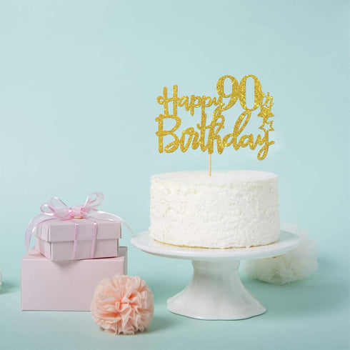 Gold Glitter Happy 90th Birthday Cake Topper, Cheers to 90 Years Party Supplies Decoration
