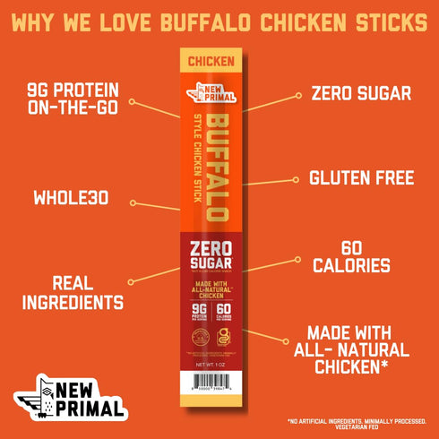 9g 20 New Primal Buffalo Chicken Sticks, Keto, Gluten Free Healthy Snacks, Sugar Free Low Carb High Protein, Jerky Meat