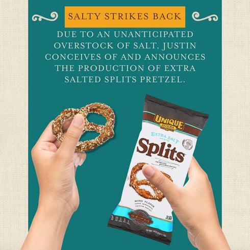 11 Oz. Pack 12 Unique Snacks Extra Salt Splits Pretzels, Original Split-Open Pretzels, Delicious Homestyle Baked Snack