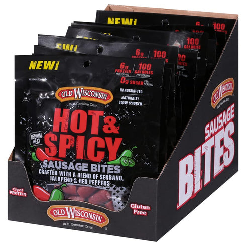 4 Package Old Wisconsin Hot & Spicy Sausage Snack Bites, Naturally Smoked, Ready to Eat, High Protein, Low Carb, Keto