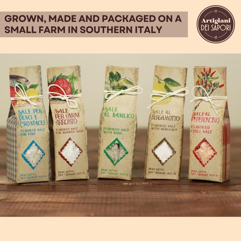 7 oz ARTIGIANI DEI SAPORI - Sicilian All-Natural Unrefined Flavored Sea Salt Infused with Basil