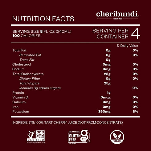 100% 32 floz (6 Pack) Cheribundi Tart Cherry Juice Pure | Unsweetened Tart Cherry Juice | Athletes Recovery Drink |