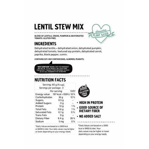 200 (7.05 oz) Mol Lentil Stew Mix g Dehydrated Vegan Lentil Soup Blend, High Protein & Fiber, No Added Salt, Gluten