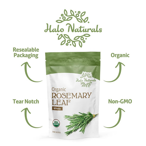 Halo Naturals 4 Packaged Organic Rosemary Leaf Whole, Ounces (Rosmarinus officinalis) USDA Certified | Resealable