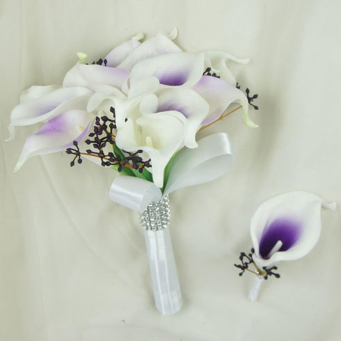 (12stems Wedding Floral Purple Center Calla Lilies with Berries Bouquet)