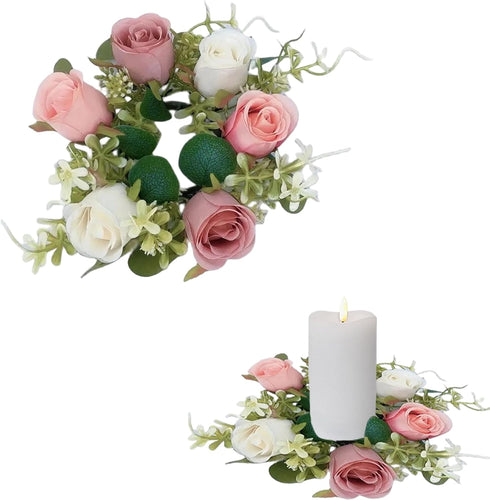 mdgfge Valentine's Day Rose Candle Ring Wreath Artificial Rose Red White Floral Candle