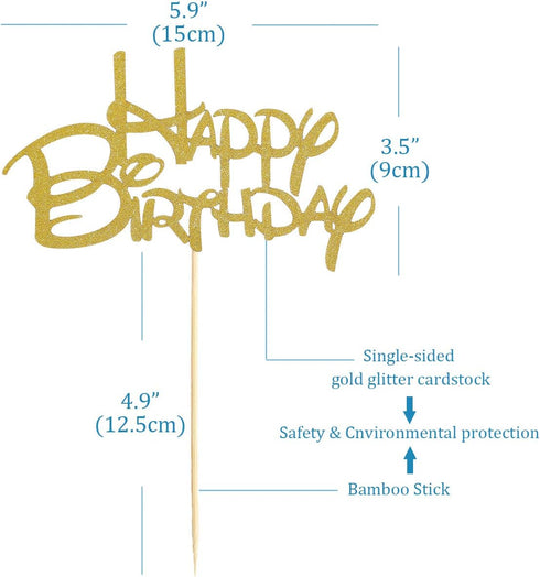 Gold Happy Birthday Cake Topper - Golden Glitter Birthday Party Decoration Supplies, Cake Smash Props