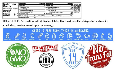 14 OZ. 14 GERBS Traditional Rolled Oats Premium Grade | Top Food Allergy Free | Freshly harvested in Resealable Bulk