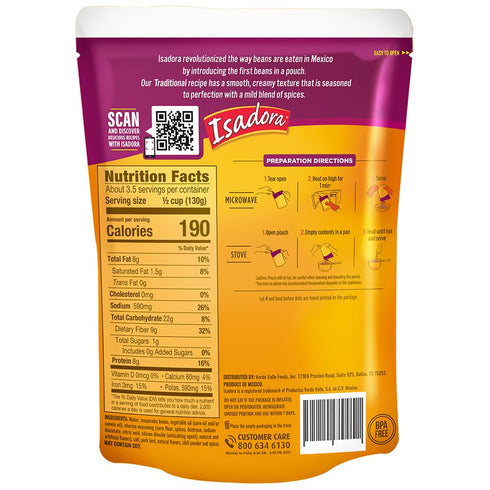 (Pack 8), Protein,15.2 oz Isadora Traditional Refried Beans in Pouch of Delicious Refried Beans, Microwave Food Premade
