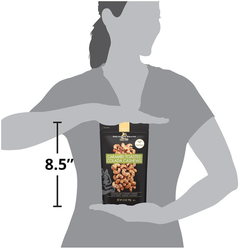 3.5 oz 3.5 Squirrel Brand Caramel Toasted Colada Cashews with sweet toasted coconut, natural flavors + Squirrel Brand