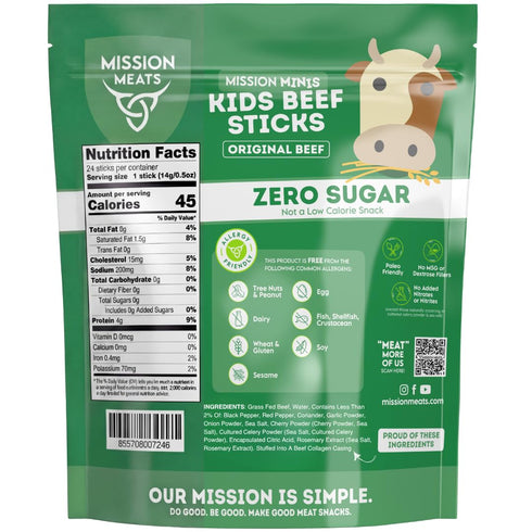 100% 4g 45 0.5oz (24ct Mission Meats Kids Beef Sticks, Grass Fed, Healthy Snacks for Kids, Zero Sugar, Protein