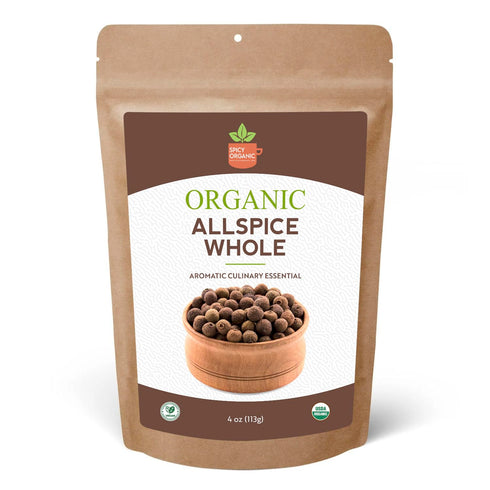 SPICY ORGANIC Pure Organic Allspice Berries Whole 4 oz. - Certified USDA Organic Premium Pimento Seeds and Peppers