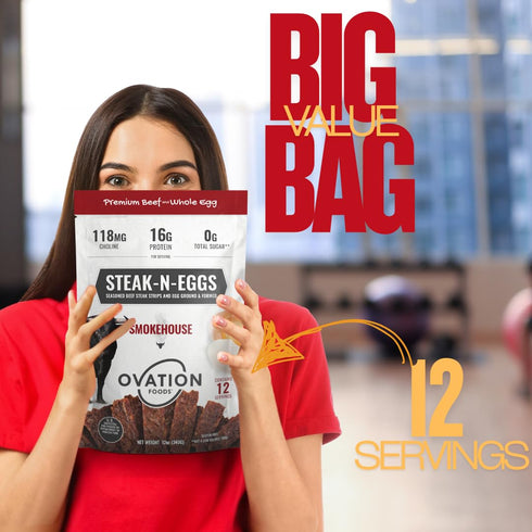(26g 190 12oz (1 count) Ovation Foods Steak-N-Eggs Beef Strips, Zero Sugar, High-Protein Jerky premium protein), Gluten