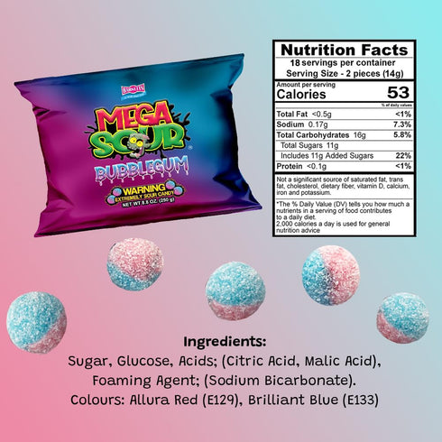 250g Barnetts Sweets Mega Sour Candy Bubblegum