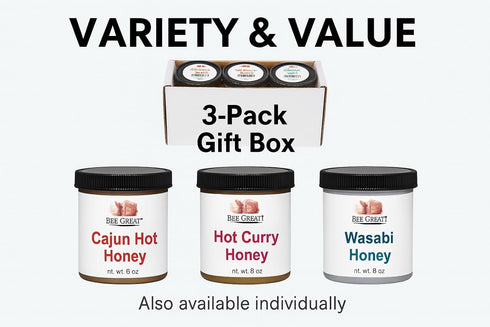Bee Great Pack 38 oz Set Hot Honey Trio Variety Gift Box Cajun, Curry & Wasabi Sweet Heat from the Hive Small-Batch