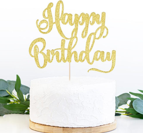 Happy Birthday Cake Topper, Birthday Party Decoration Supplies, Photo Booth Props (Gold)