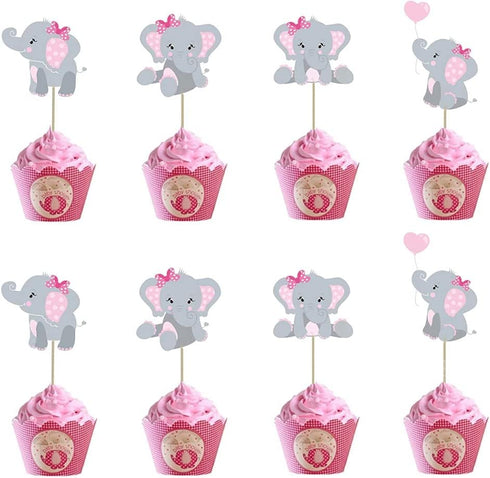 48pcs Pink Elephant Cupcake Toppers, Double Sided Picks for It's A Girl Cake Decorations for Birthday Baby Shower