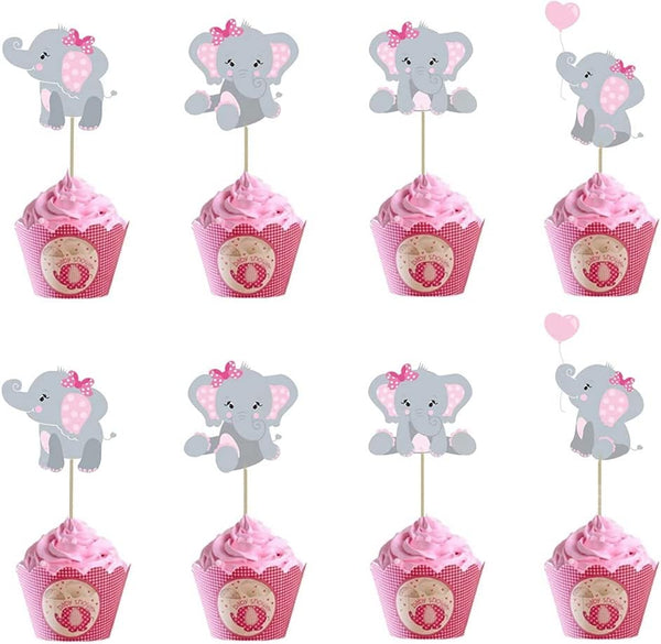 48pcs Pink Elephant Cupcake Toppers, Double Sided Picks for It's A Girl Cake Decorations for Birthday Baby Shower
