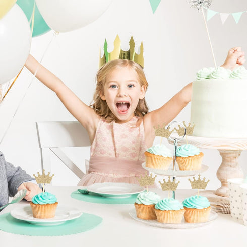 Crown Cupcake Toppers 48 Pcs, Light Gold Glittery Princess Cake Picks for Baby Shower and Birthday