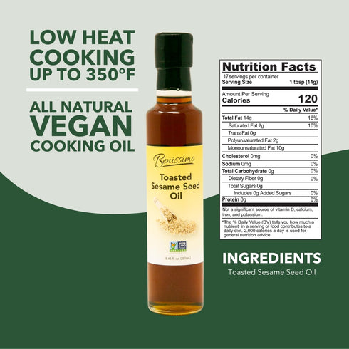 100% 8.45 oz Benissimo Toasted Sesame Oil in Glass Bottle, Non-GMO Premium Cooking Oil with Rich, Nutty Flavor, Perfect