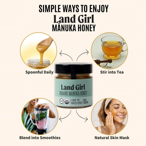 Land Girl 15+, 550+, 8.8 oz Organics New Zealand Raw Premium Manuka Honey | Monofloral, USDA Certified Organic