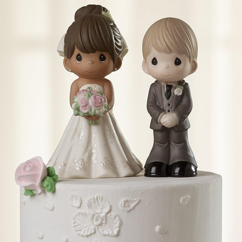 Precious Moments Perfect Couple Bride Figurine - Brunette Hair, Medium Skin Tone, Bisque Porcelain Wedding Cake Topper,