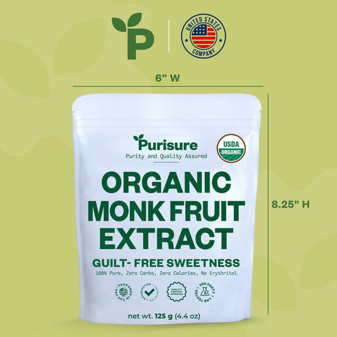 Organic Monk Fruit Sweetener, 125g (4.41oz), Pure USDA Organic Monk Fruit Extract Powder, Zero Calorie & Zero Carbs