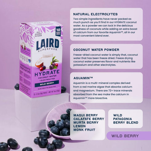 10 0g Laird Superfood Hydrate Coconut Water Electrolyte Drink Mix Wild Berry, Single Serve Sticks Added Sugar No