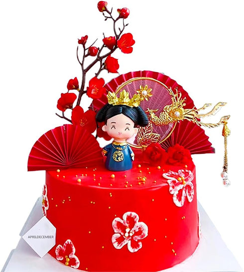 Traditional Chinese Wedding Cake Toppers, Set of 7 with Queen Figurine, Plum Blossom, Phoenix, and Doll Base