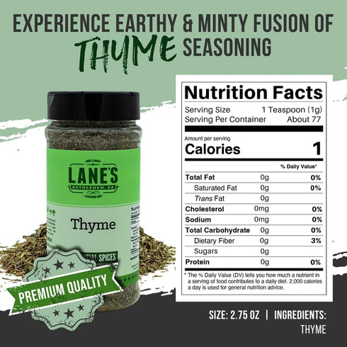 2.75 oz Lane's Thyme Seasoning, - Dried Thyme Leaves for Cooking, Herbaceous Aroma & Robust Flavor, Ideal for Roasts