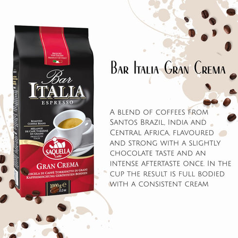 1kg (2.2 lb) Saquella Bar Italia Gran Crema Espresso Coffee Beans, | Authentic Italian Roast | Full-Bodied, Velvety