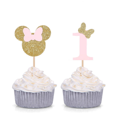 First Birthday Party Picks, Pink and Gold Baby Girl Cupcake Toppers, Set of 24 Cake Appetizer Decorations
