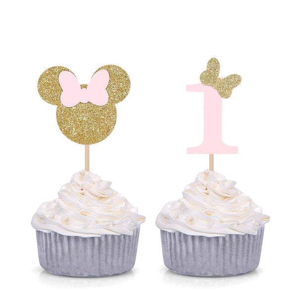 First Birthday Party Picks, Pink and Gold Baby Girl Cupcake Toppers, Set of 24 Cake Appetizer Decorations