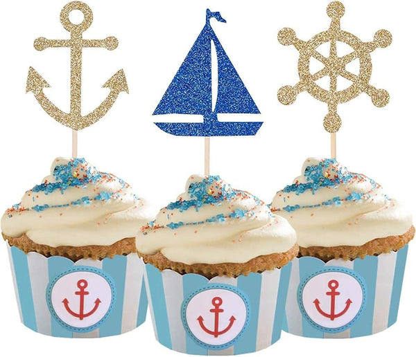 24 Pcs Nautical Theme Glitter Cupcake Picks, Cupcake Toppers for Decoration Party Favors