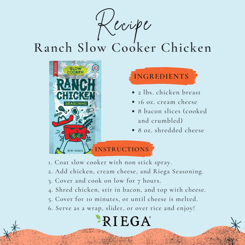 1 oz Packets, 8 Count Riega Ranch Chicken Seasoning Blend, Dry Spice Mix for Slow Cooker