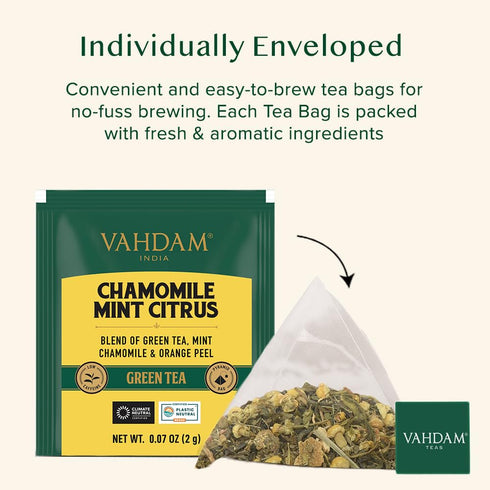 (30 Count) VAHDAM, Chamomile Mint Citrus Green Tea Bags Low Caffeine, Non GMO, Gluten Free | Sweet & Floral |