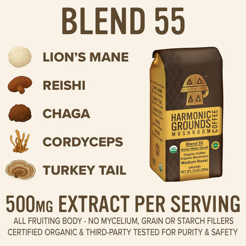 14 oz Harmonic Grounds Swiss Water Decaf | Organic Medium Roast Ground Coffee with Functional Mushrooms | Lions Mane