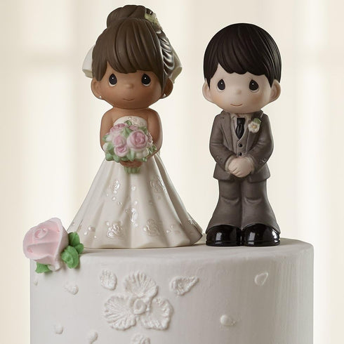 Precious Moments Perfect Couple Bride Figurine - Brunette Hair, Medium Skin Tone, Bisque Porcelain Wedding Cake Topper,