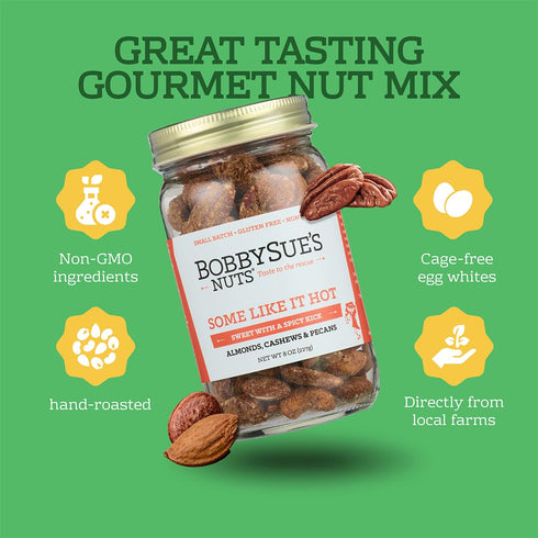 8 Oz, 1 BobbySue's Nuts Some Like It Hot Gourmet Nut Mix, Spicy Snacks, All Natural, Gluten Free, Low Sugar, and High