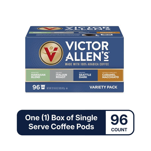 Pack 96 Count, Victor Allen's Coffee Variety (Hawaiian Blend, Italian Roast, Seattle Dark, Caramel Macchiato), Single