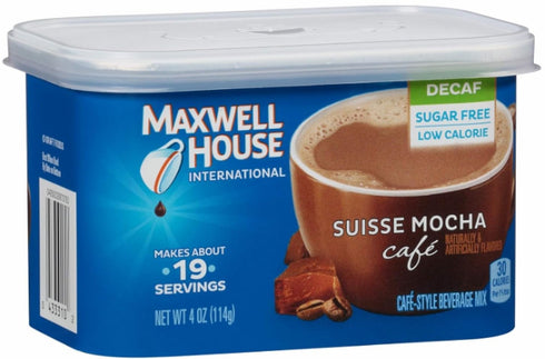 4 oz 4 Pack, 2 Packages (4 Maxwell House International Sugar-Free Decaf Suisse Mocha Beverage Mix, Tub, Tubs)
